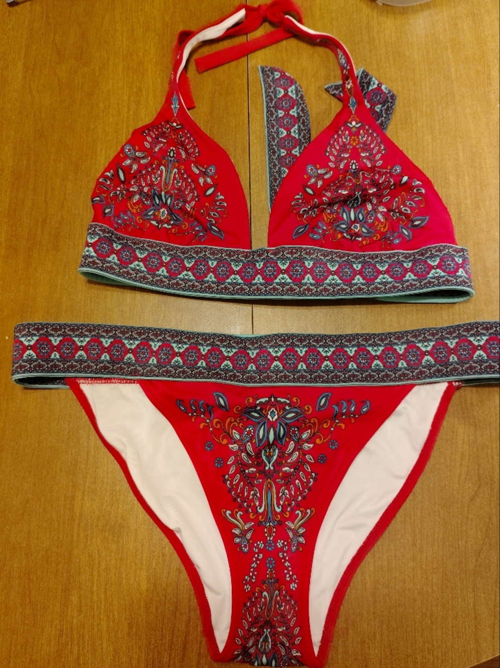 Victoria's Secret Red and Turquoise Paisley Bikini Top with Blue Tag Accent